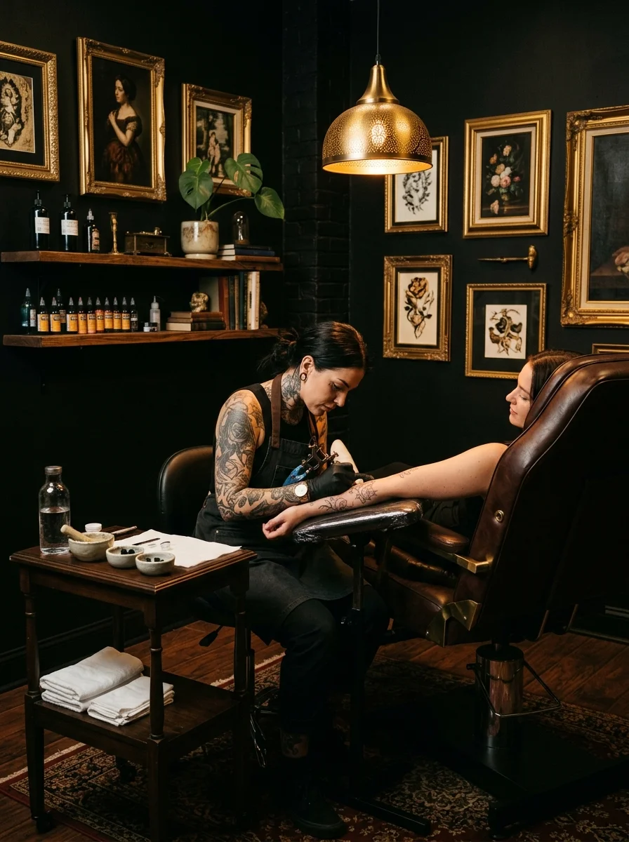 Tattoo artist at work in the studio